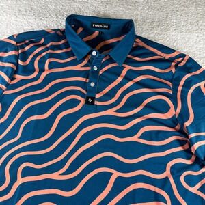 Byrd Gang Polo Shirt Mens Large Blue Pink‎ Wavy Print Golf Orange Collar Stretch